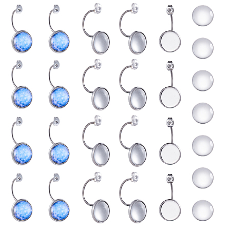 SUNNYCLUE DIY Earring Makings, with 304 Stainless Steel Ear Nuts, Earring Backs and Transparent Glass Cabochons, Flat Round, Stainless Steel Color, Tray: 10mm, 27x12x15mm, Hole: 0.8mm; 9.5~10x3.5mm