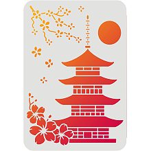 FINGERINSPIRE Tower Stencils 11.7x8.3 inch Plastic Flowers Ancient Tower Drawing Painting Stencils Cherry Blossom Tower Sun Pattern Wall Stencils Reusable Stencils for Wood, Floor, Wall and Tile