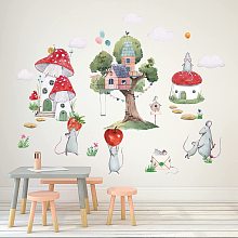 SUPERDANT Watercolor Mushroom House Wall Sticker Mice with Fruit Wall Decor Tree Book House Wall Decals Vinyl Wall Art Decal for Baby Room Bedroom Living Room Nursery Classroom Decorations