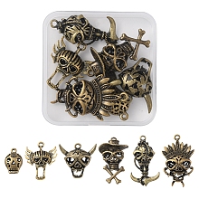 6Pcs 6 Styles Halloween Alloy Pendants, Skull, Antique Bronze, 24~48x16~33.5x9~14mm, Hole: 2.5mm, 1pc/style