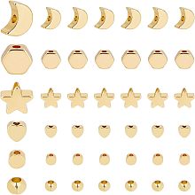 PandaHall Elite 120pcs Spacer Beads, 6 Styles Golden Metal Beads Star Heart Spacers Flat Round Beads Hexagon Loose Beads Brass Moon Beads for Bracelet Neacklace Earring Jewelry Making Craft