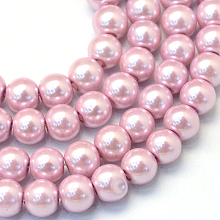 Baking Painted Pearlized Glass Pearl Round Bead Strands, Flamingo, 6~7mm, Hole: 1mm; about 145pcs/strand, 31.4 inches