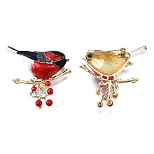 Honeyhandy Bird with Branch Enamel Pin with Crystal Rhinestone, Light Gold Plated Alloy Badge for Backpack Clothes, Nickel Free & Lead Free, Red, 37x44mm, Pin: 0.7mm