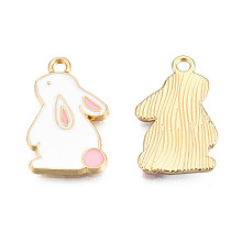 Honeyhandy Alloy Pendants, with Enamel, Rabbit, Light Gold, White, 22x13x2mm, Hole: 2mm