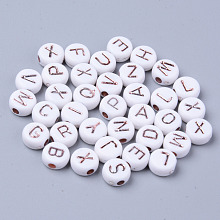 Honeyhandy Opaque White Acrylic Beads, Metal Enlaced, Horizontal Hole, Flat Round with Rose Gold Random Letters, 7x3.5mm, Hole: 1.8mm