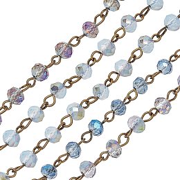 PandaHall Elite 5 Strands 3.3 Feet Faceted Crystal Glass Beads Chain with Antique Bronze Eye Pin for Necklaces Bracelets Jewelry Making