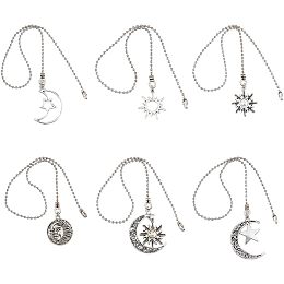 6 Style Ceiling Fan Chain Extender Bulk Antique Silver and Platinum Hanging Charm Sun Moon Star Decorative Pendant Ornaments Vintage Replacement Fan Cord Pull for Light Lamp