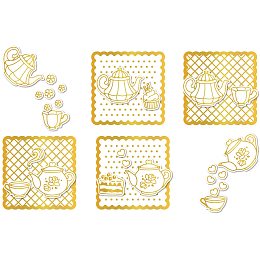 GLOBLELAND 5Pcs Afternoon Tea Hot Foil Plate Cake Teacup Teapot Background for DIY Foil Paper Embossing Scrapbooking Decor Greeting Cards Making Wedding Birthday Invitation,Matte Platinum