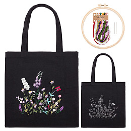 WADORN DIY Canvas Tote Bag Embroidery Kit, Black Personalized Canvas Bag Kit Flower Cross Stitch Kit with Pattern DIY Crafts Embroidery Starter Kit Women Handicrafts Gift