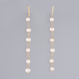 Honeyhandy Studs Earring, with Natural Freshwater Pearl and Brass Findings, Real 18K Gold Plated, 80~83mm, Pin: 0.9mm