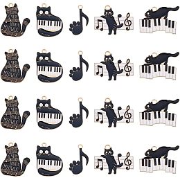 SUPERFINDINGS 20Pcs 5 Styles Music Theme Cat Pendants Cat with Piano & Music Scores Dangle Charms Alloy Enamel Charms Black White Earrings Necklaces Bracelets Charms for Jewelry Making