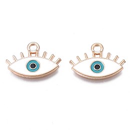 Honeyhandy Alloy Enamel Pendants, Cadmium Free & Nickel Free & Lead Free, Light Gold, Evil Eye, White, 14x20x1.5mm, Hole: 2mm