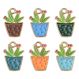 6Pcs 6 Colors Alloy Enamel Pendants, Potted Plant Charm, Mixed Color, 22x14.5x1.5mm, Hole: 2.5mm, 1pc/color