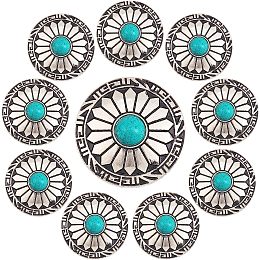 GORGECRAFT 10Pcs 1-Hole Turquoise Buttons Western Conchos Screw Back Round Metal Decorative Conchos Flat Round with Sunflowers Pattern for DIY Luggage and Hardware Accessaries