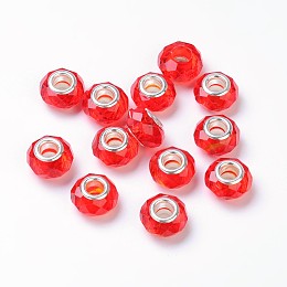 Honeyhandy Glass European Beads, Large Hole Beads, Red, Brass Core in Silver Color, about 14mm wide, 9mm long, hole: 5mm