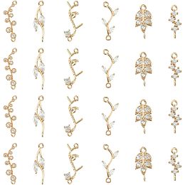 SUPERFINDINGS 24Pcs 6 Styles Cubic Zirconia Links Connectors 13-23x5-10mm Branch and Leaf Bracelet Necklace Connector Pendant Light Gold Leaves Dainty Links for Half-Finished Jewelry, Hole: 1-1.5mm