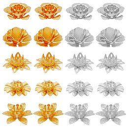 SUPERFINDINGS 60Pcs 10 Style 3D Brass Bead Caps, Flower, Multi-Petal, Golden & Silver, 14~16x5~8mm, Hole: 0.7~1mm, 6pcs/style