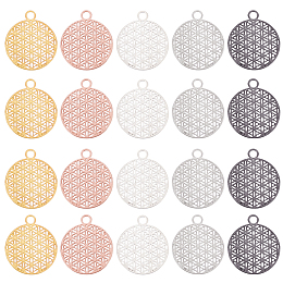 PandaHall Elite 20Pcs 5 Colors Brass Pendants, Filigree Pendants, Flat Round, Mixed Color, 23.5x20x0.6mm, Hole: 3mm, 4pcs/color