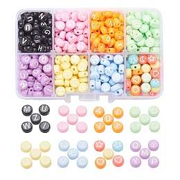 ARRICRAFT 480Pcs 8 Style Opaque Acrylic Beads, Flat Round with Mixed Shapes, Mixed Color, 7x3~4mm, Hole: 1.5mm, about 60pcs/style