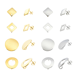 DICOSMETIC 32pcs 4 Styles 2 Colors Rhombus Stud Earrings 304 Stainless Steel Curved Ring Stud Earrings with Loop Curved Round Earrings Findings with 40pcs Ear Nuts for Earring Making,Pin:0.8mm