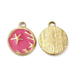 Honeyhandy PVD Vacuum Plating 201 Stainless Steel Enamel Pendants, Real 18K Gold Plated, Flat Round with Starfish Charm, Camellia, 19x15x2mm, Hole: 2.6mm