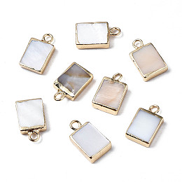 Honeyhandy Natural Freshwater Shell Charms, with Golden Plated Iron Loops and Brass Edge, Rectangle, 14x8x3mm, Hole: 1.8mm