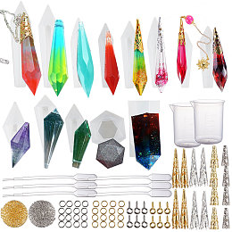 SUNNYCLUE DIY Pendant Makings, with Silicone Molds, Iron Bead Cones & Bead Caps & Screw Eye Pin Peg Bails & Cable Chains, Plastic Pipettes & Measuring Cup, Clear, 85x20mm