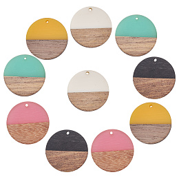 SUNNYCLUE Resin & Wood Pendants, Flat Round, Mixed Color, 28.5x3.5~4mm, Hole: 1.5mm; 5colors, 2pcs/color, 10pcs/box