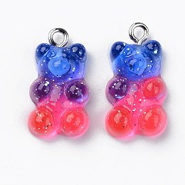 Honeyhandy Transparent Resin Pendants, with Glitter Powder and Platinum Tone Iron Loop, Bear, Cerise, 21x11x7mm, Hole: 1.8mm