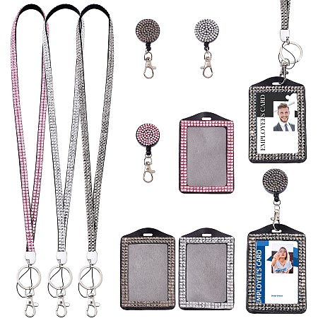 CHGCRAFT 3Pcs 3 Colors Rectangle Bling ID Badge Holder Leather Badge Holder Clip Reel Card Holders with Metal Alligator Clips ID Card Lanyards for School Office