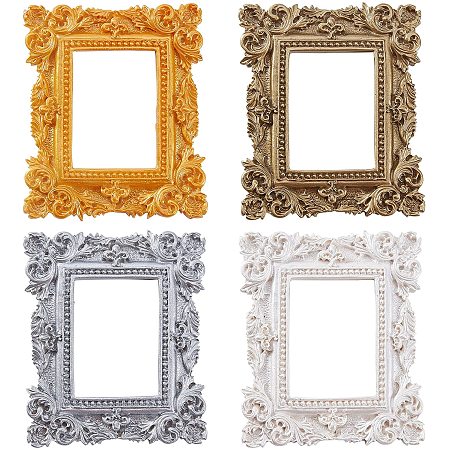 FINGERINSPIRE 4 Pcs Vintage Resin Picture Frame (Rectangle, 4 Mixed Color, 3.8x3.2 inch), Resin Gold Flower Without Glass Frame, Tabletop Jewelry Display Frame for Photography Home Christmas Decor
