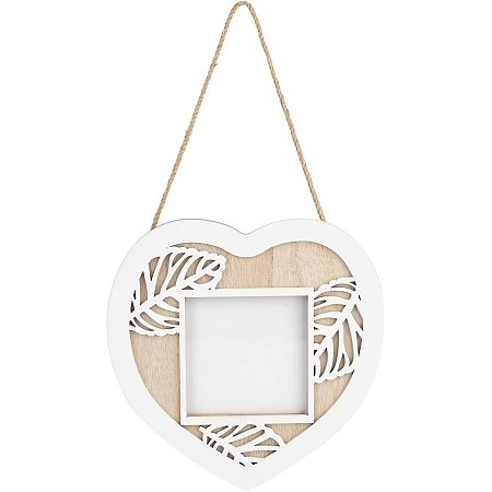 OLYCRAFT 6x6x0.5Inch Wooden Heart Photo Frame Stands Hanging Picture Frame Verticval Display with Hemp Rope for Pictures Embossed Photo Props Wall Decor Accessories