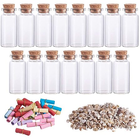 BENECREAT 15PCS Glass Wishing Bottles Kit Art Glass Bottles with Cork, No Hole Spiral Shell Beads and Paper Slip Roll for Home Party Decoration