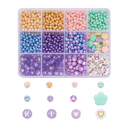 Honeyhandy 700Pcs Glass/Plastic Round & Bicone Beads, 170Pcs Flower & Flat Round Acrylic Beads, Elastic Crystal Thread, for DIY Purple Theme Jewelry Making Kits, Mixed Color, Beads: 880pcs/set