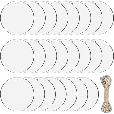 GORGECRAFT 25Pcs Acrylic Round Blanks Clear Discs Transparent Blank Keychain Ornaments Circle Flat Round Pendants Jute Cord for DIY Jewelry Making Souvenirs Paintings Crafts Supplies