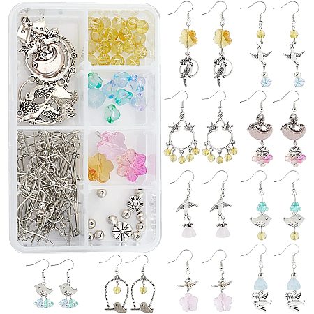 SUNNYCLUE 1 Box DIY 10 Pairs Antique Animal Fly Birds Earring Making Kit Clear Flower Glass Beads & Links Connectors & Earring Hooks for Women Adults DIY Earring Jewellery Findings Making