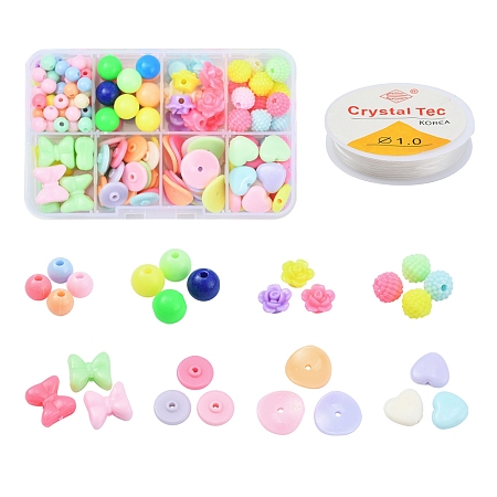 Honeyhandy DIY Jewelry Making Kits, Including Round & Flower & Waxberry & Bowknot & Heart & Flat Round Opaque Acrylic Beads, Round Crystal Elastic Stretch Thread, Mixed Color, Beads: 163pcs/set