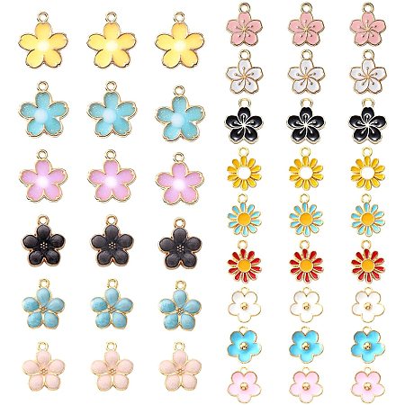 NBEADS 75Pcs Enamel Flower Pendants, 5 Styles Gold Plated Alloy Floral Daisy Sunflower Assorted Charms for Earring Keychain Craft Jewelry Making