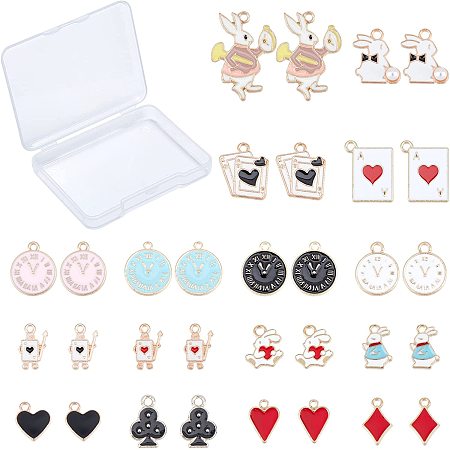 SUNNYCLUE 1 Box 32Pcs 16 Styles Alice Pendants Gold Plated Rabbit Bunny Alarm Clock Poker Card Cartoon Fairy Tales Enamel Alloy Charms for Easter Jewelry Making Crafts Accessories