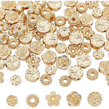 DICOSMETIC 80Pcs 5 Styles Flower Spacer Beads 14K Gold Plated Alloy Beads Blossom Flower Tiny Loose Charm Beads Flat Round Beads for Jewelry Making DIY Necklaces Bracelets, Hole: 1~2.1mm