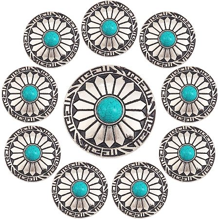 GORGECRAFT 10Pcs 1-Hole Turquoise Buttons Western Conchos Screw Back Round Metal Decorative Conchos Flat Round with Sunflowers Pattern for DIY Luggage and Hardware Accessaries
