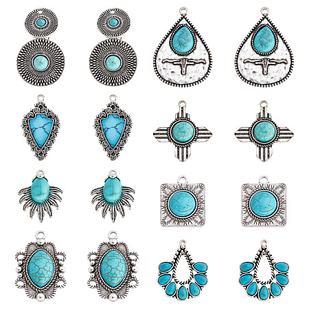 SUNNYCLUE 16Pcs 8 Styles Synthetic Turquoise Pendants, with Antique Silver Tone Aolly Findings, Cadmium Free & Nickel Free & Lead Free, Fan & Teardrop & Flat Round & Fish & Cross & Oval & Square, 28~47x19~34x2.5~7mm, hole: 2~3mm, 2pcs/style