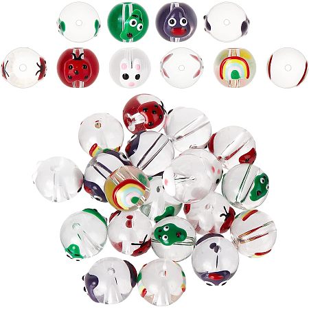 SUPERFINDINGS 20Pcs 5 Styles Transparent Glass Enamel Beads 12mm Crystal Bracelet Loose Spacers Beads Round Print Rabbit Ladybird Glass Beads for Bracelets Earring Making,Hole: 1.6~2mm