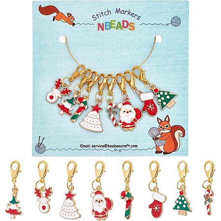 NBEADS 8 Pcs Christmas Theme Stitch Markers, 8 Styles Christmas Tree/Christmas Reindeer Alloy Enamel Crochet Stitch Marker Charms Locking Stitch Marker for Knitting Weaving Sewing Handmade Jewelry