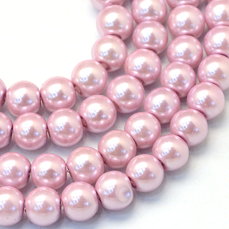 Baking Painted Pearlized Glass Pearl Round Bead Strands, Flamingo, 8~9mm, Hole: 1mm; about 105pcs/strand, 31.4 inches