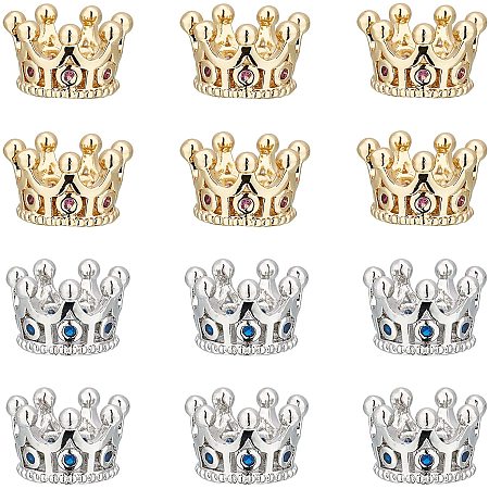 NBEADS 12 Pcs 2 Colors Crown Charms, Brass Micro Pave Kings Crown Beads Cubic Zirconia Europen Large Hole Bracelet Connector Charm Beads for DIY Jewelry Crafts Making Supplies