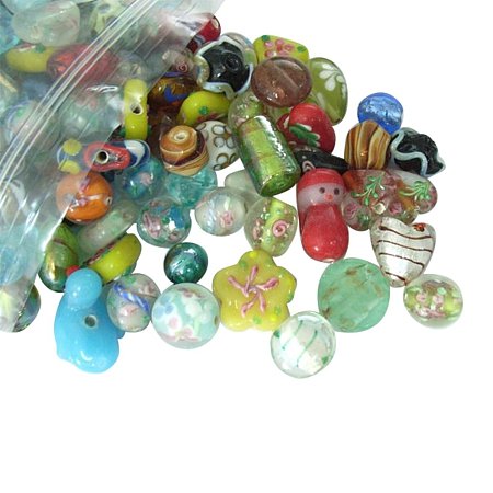 NBEADS 200 Pcs Handmade Lampwork Beads, Assorted Shapes, Mixed Color, about 4~20mm wide, 4~20mm long, hole: 1~2.5mm