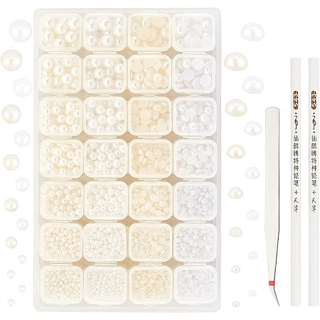 OLYCRAFT 84-112g Half and Round Pearl Flat Back Half Round Pearls No Hole Round Loose Pearl Beads with Rhinestone Picker Dotting Pen and Tweezers for Necklace Bracelet
