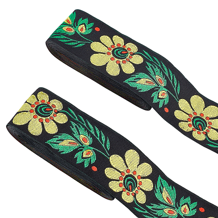 AHANDMAKER Ethnic Style Flower Pattern Polyester Ribbon, Clothing Accessories, Black, 2 inch(50mm), about 7.66 Yards(7m)/pc
