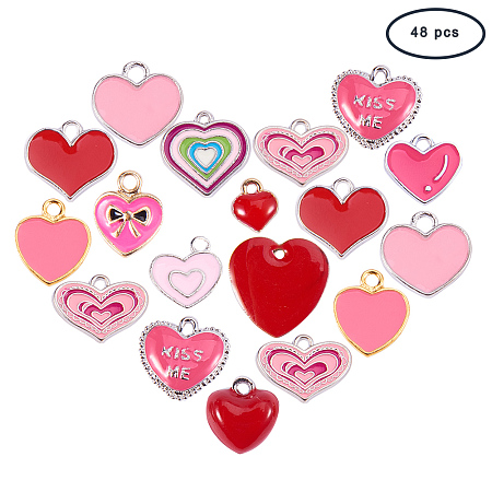 PandaHall Elite 48PCS 12 Styles Pink Heart Enamel Pendants Alloy Enamel Pendants Charms DIY Bracelet Necklace Making